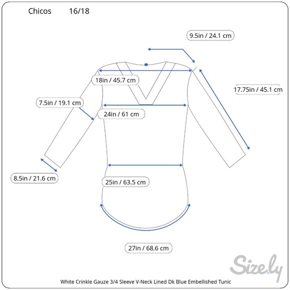 Chicos White Gauze 3/4 Sleeve V-Neck Lined Navy Beaded Embellished Tunic 16/18 - Picture 14 of 14